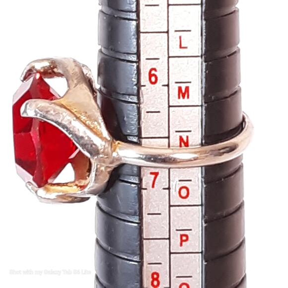 Gold Tone Ring With Big Red Round Stone On Elegant Prong Setting - Picture 7 of 7